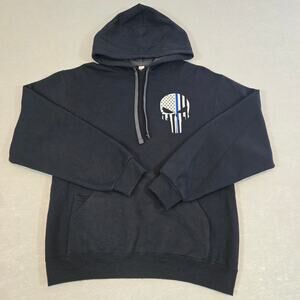 Punisher Thin Blue Line Skull Logo Mens Hooded Sweatshirt Kangaroo Pocket Medium